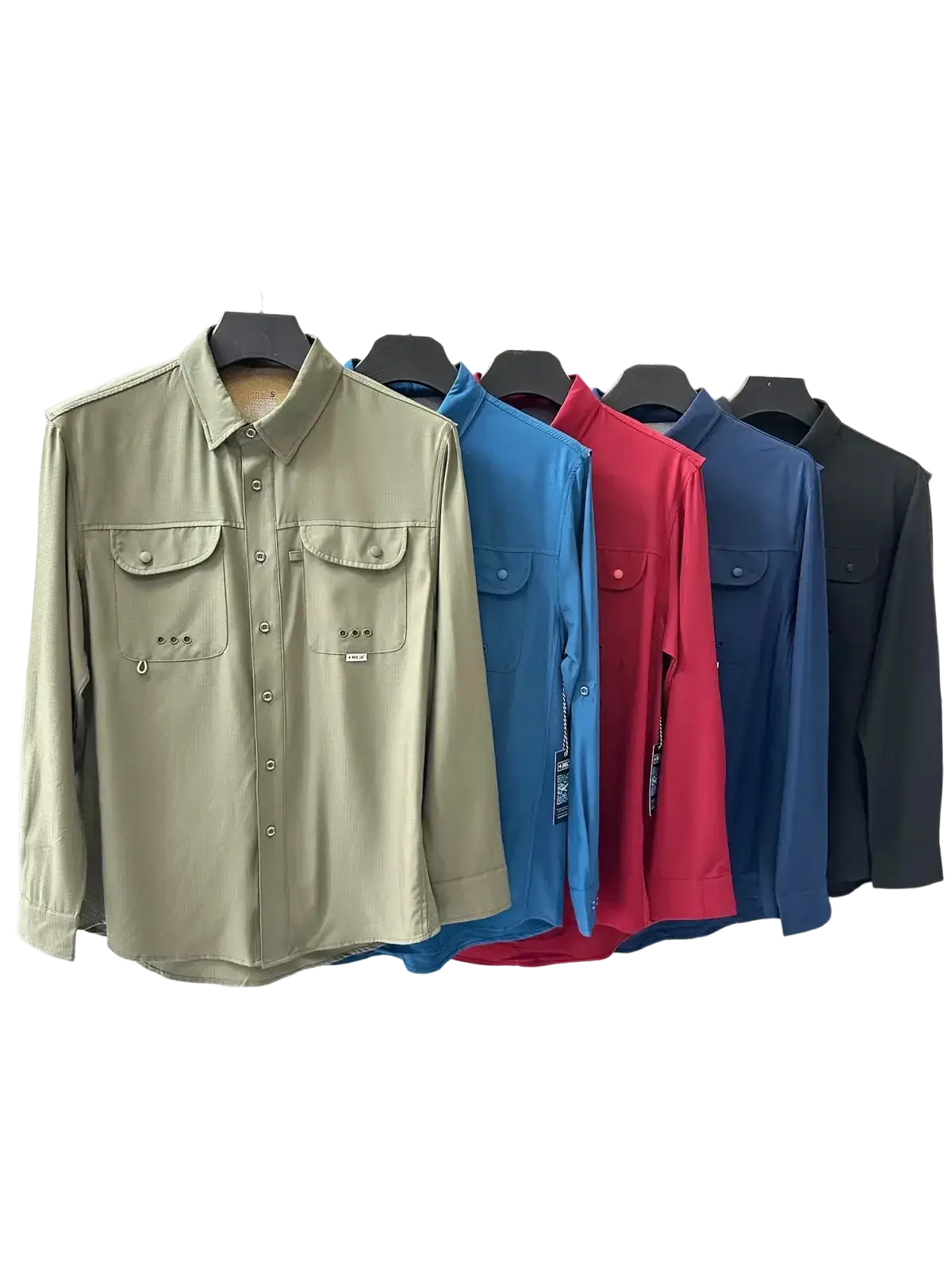 A row of men’s tactical outdoor long sleeve shirts in beige blue red and dark gray with snap button chest pockets