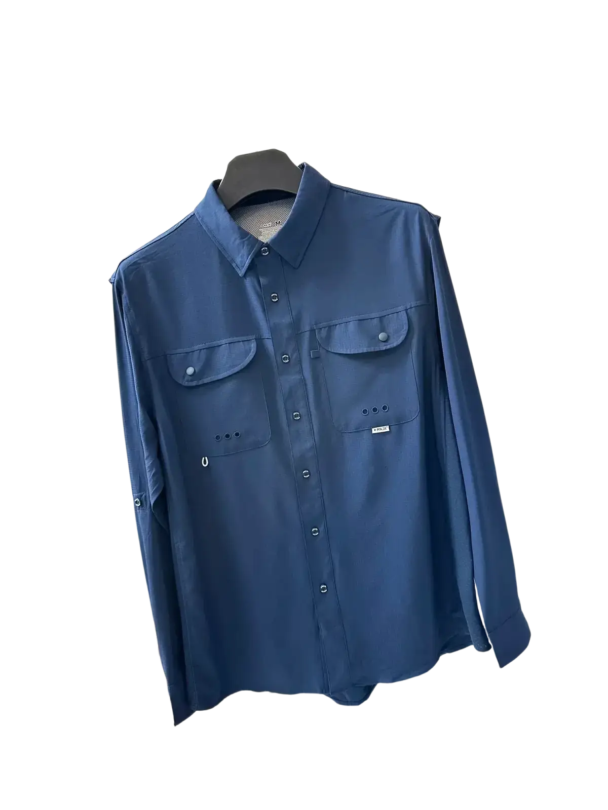 Men’s tactical outdoor long sleeve shirt in navy blue with button-up front chest pockets and subtle stitching details