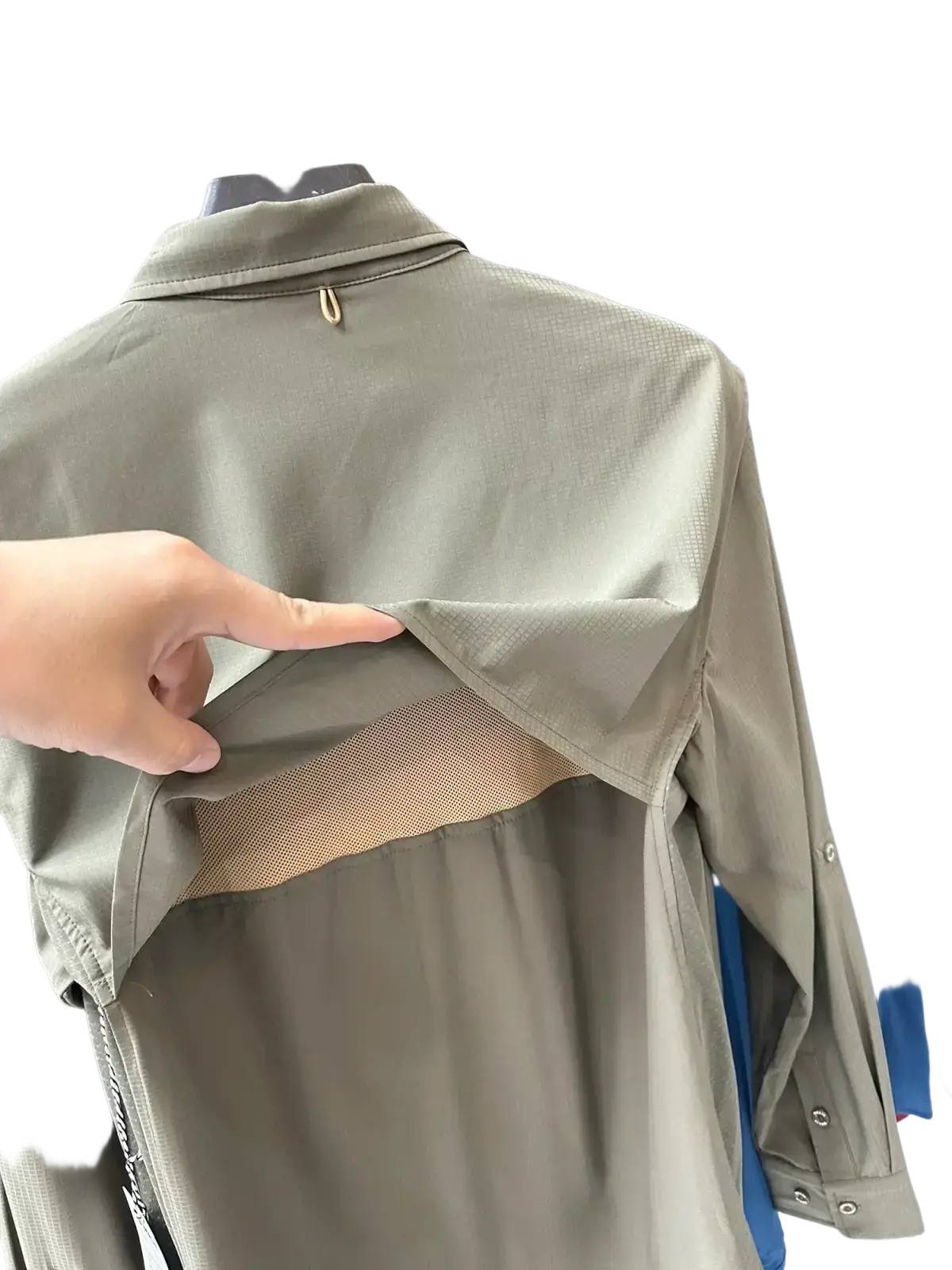 Men’s tactical outdoor long sleeve shirt in olive green with textured fabric and mesh paneling on the back