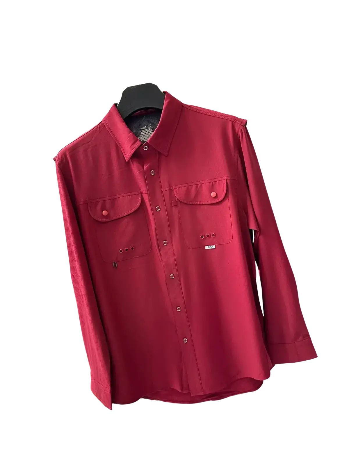 Men’s vibrant red tactical outdoor long sleeve shirt with button-up front and two secured chest pockets
