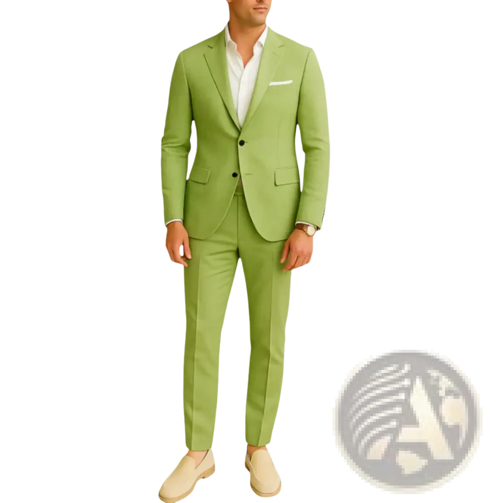 Men’s tailored lime green two-piece suit with a modern cut and subtle black buttons for formal occasions