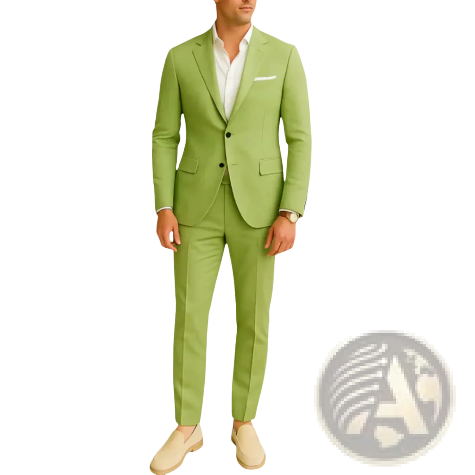 Men’s tailored lime green two-piece suit with a modern cut and subtle black buttons for formal occasions