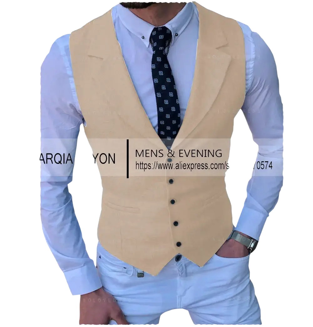 Men’s tailored business suit vest in beige with black buttons featuring a slim tailored fit for formal occasions