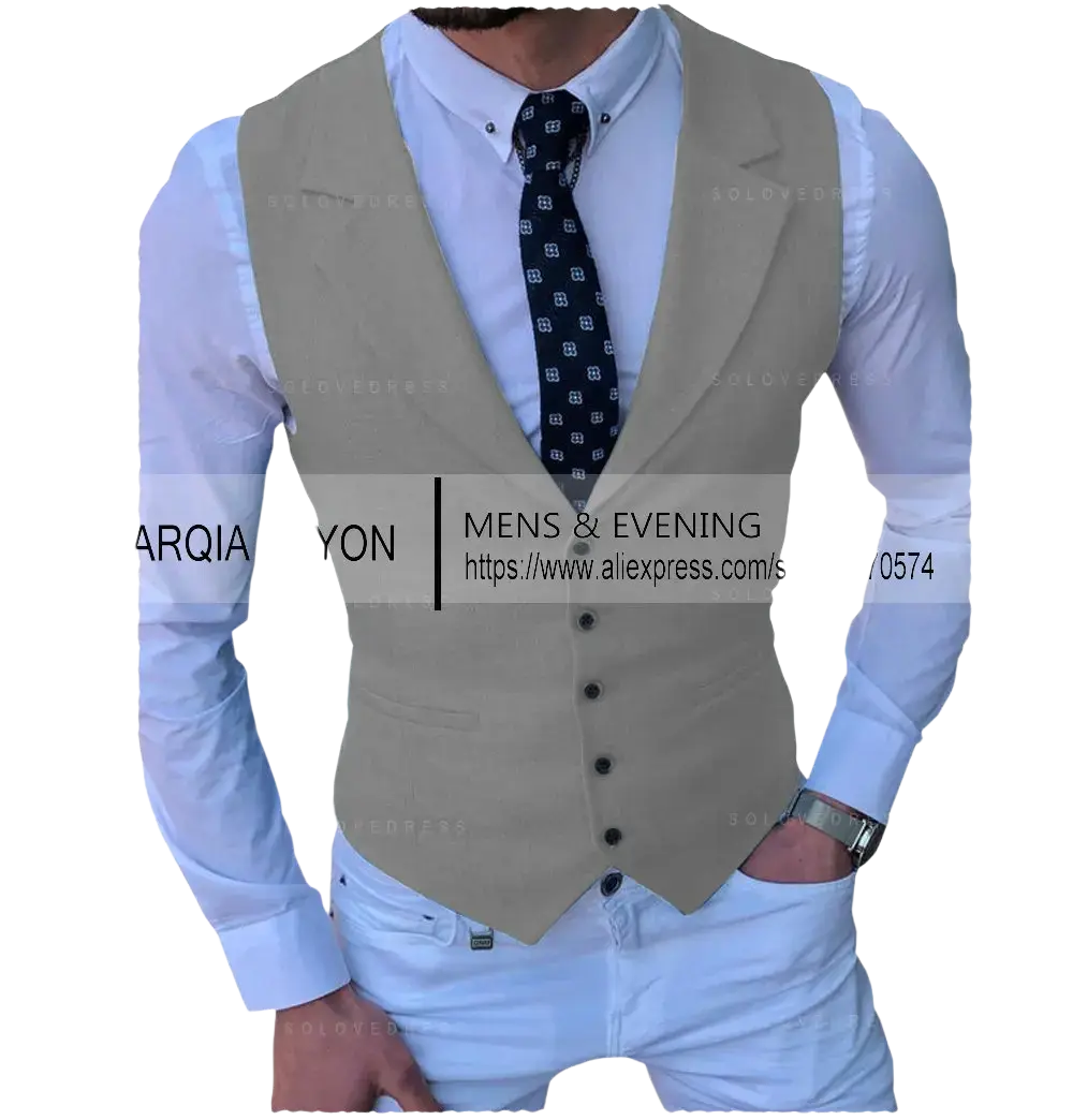 Beige men’s tailored business suit vest with black buttons and a fitted formal design for professional occasions