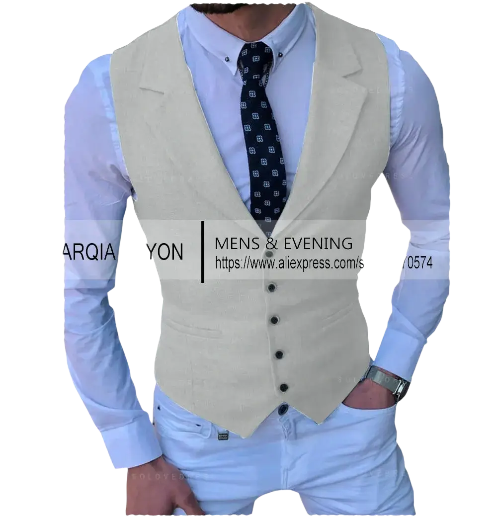 Beige men’s tailored business suit vest with black buttons and a slim formal fit for professional wear