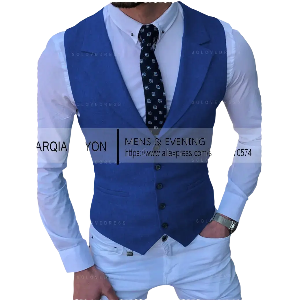 Men’s tailored business suit vest in blue with black buttons and a fitted silhouette for formal occasions