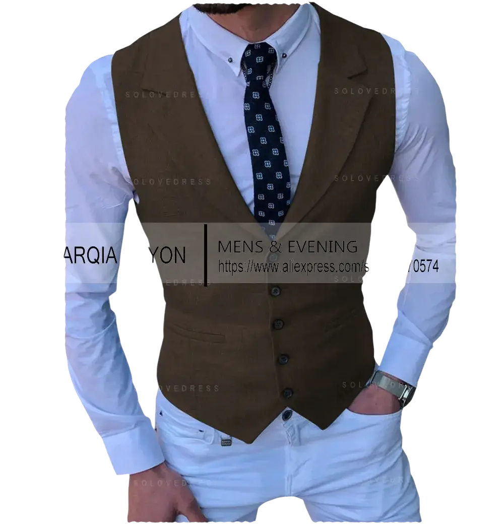 Men’s tailored business suit vest in brown with a tailored fit featuring five dark buttons and subtle stitching details