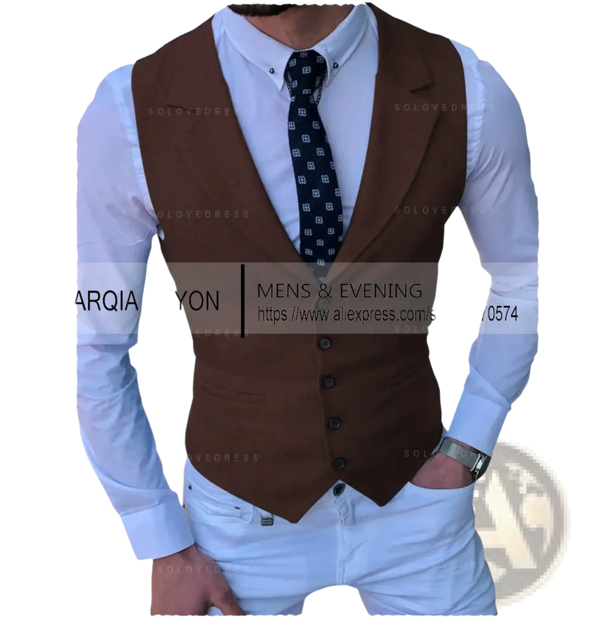 Brown men’s tailored business suit vest with a fitted design and five dark buttons for formal occasions