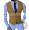 Mustard-colored wool men’s tailored business suit vest with black buttons and flap pockets for formal wear