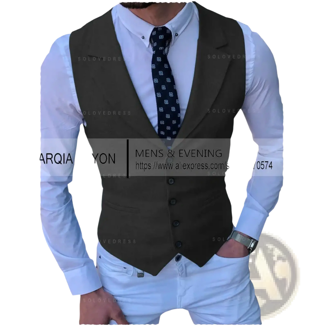 Men’s tailored business suit vest in dark gray with a tailored fit and five black buttons for formal wear