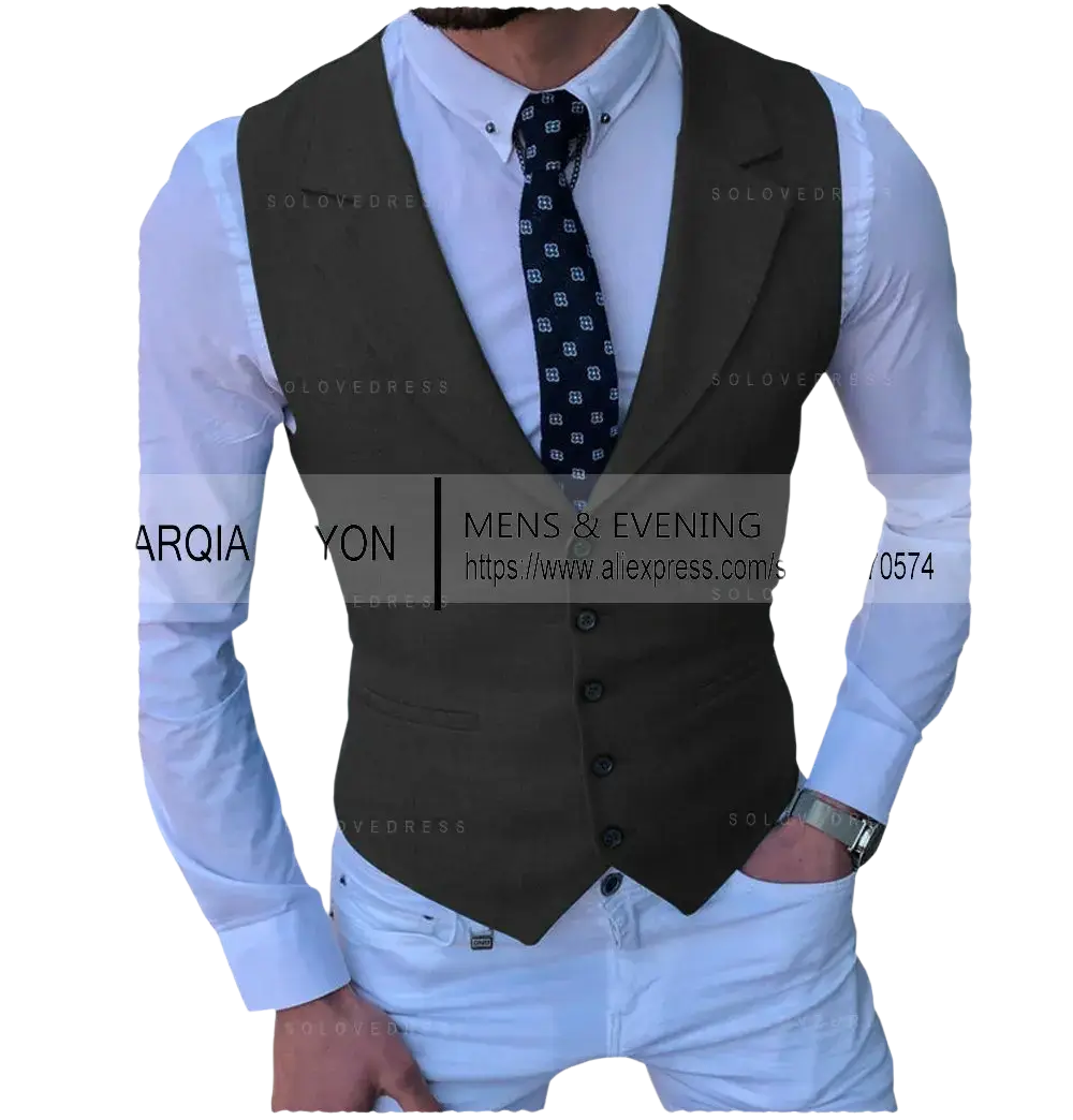Dark gray men’s tailored business suit vest with five black buttons and a fitted silhouette