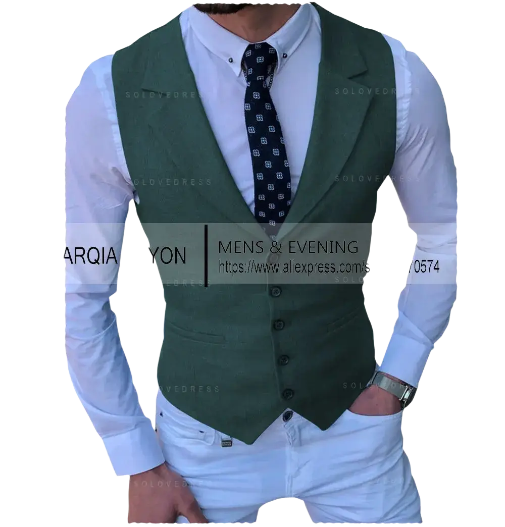 Men’s tailored business suit vest in dark green with five black buttons and a slim tailored fit