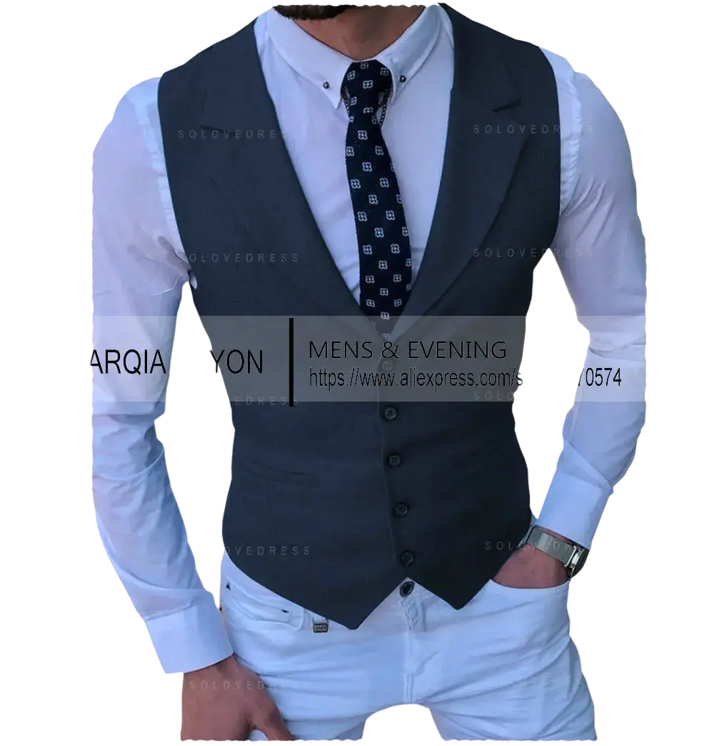 Men’s tailored business suit vest in dark navy with five black buttons and a slim tailored fit