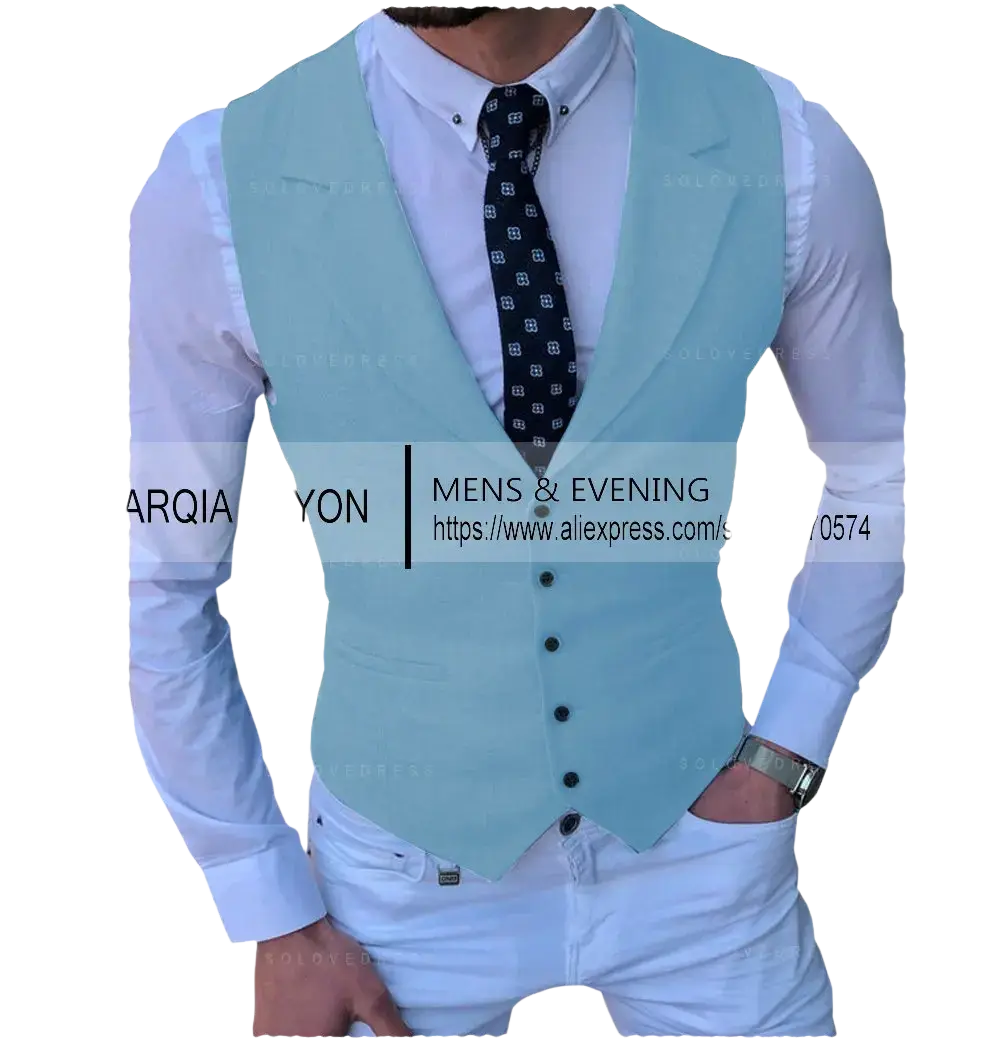 Men’s tailored business suit vest in light blue with a slim fit and black buttons for formal occasions