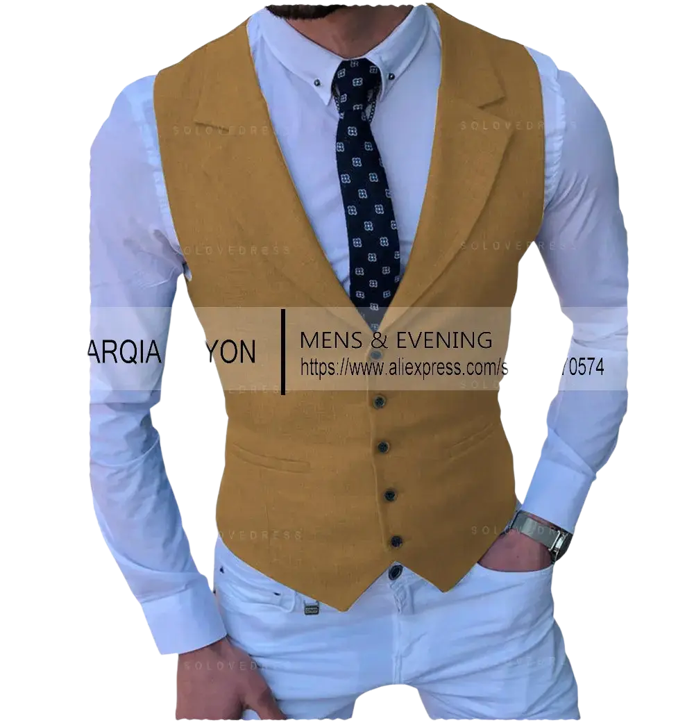 Mustard-colored wool men’s tailored business suit vest with black buttons and flap pockets for formal wear