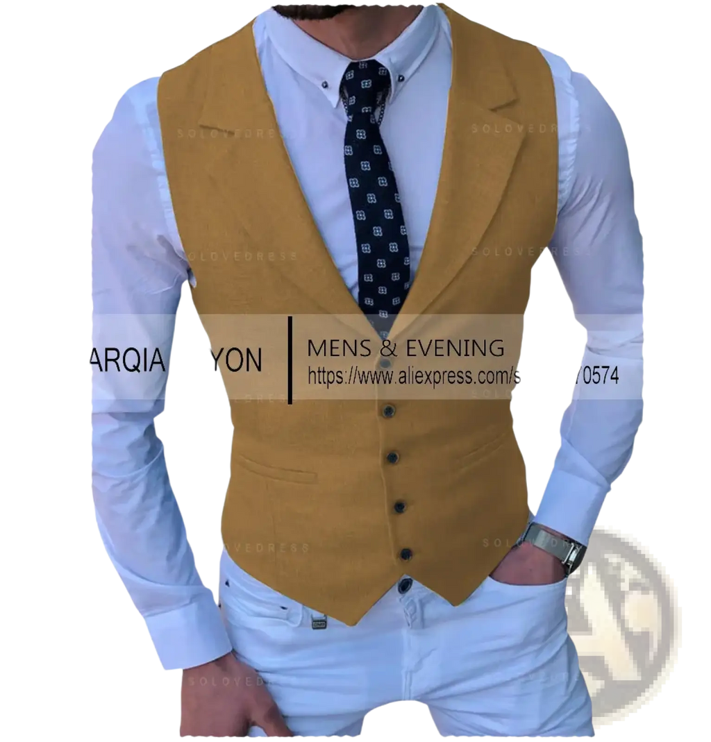 Men’s tailored business suit vest in mustard-colored wool with black buttons and flap pockets
