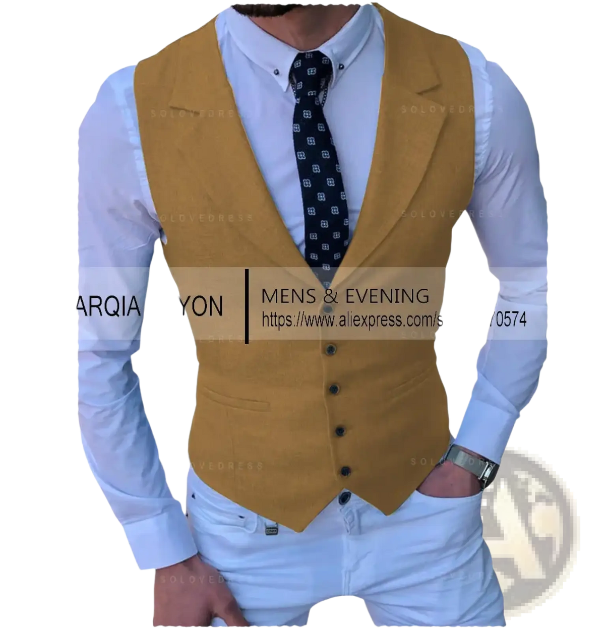 Men’s tailored business suit vest in mustard-colored wool with black buttons and flap pockets