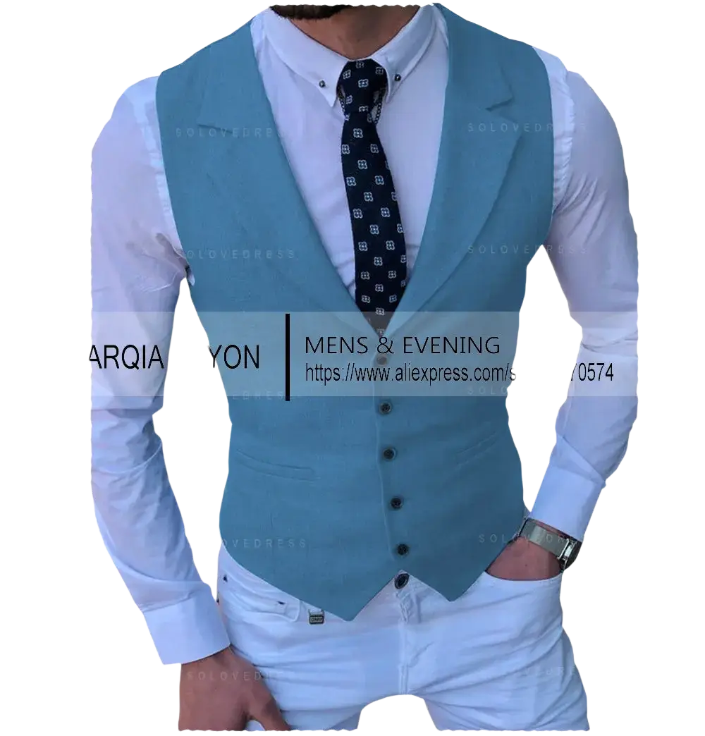 Men’s tailored business suit vest in light blue with a sleek fit and black buttons for formal occasions