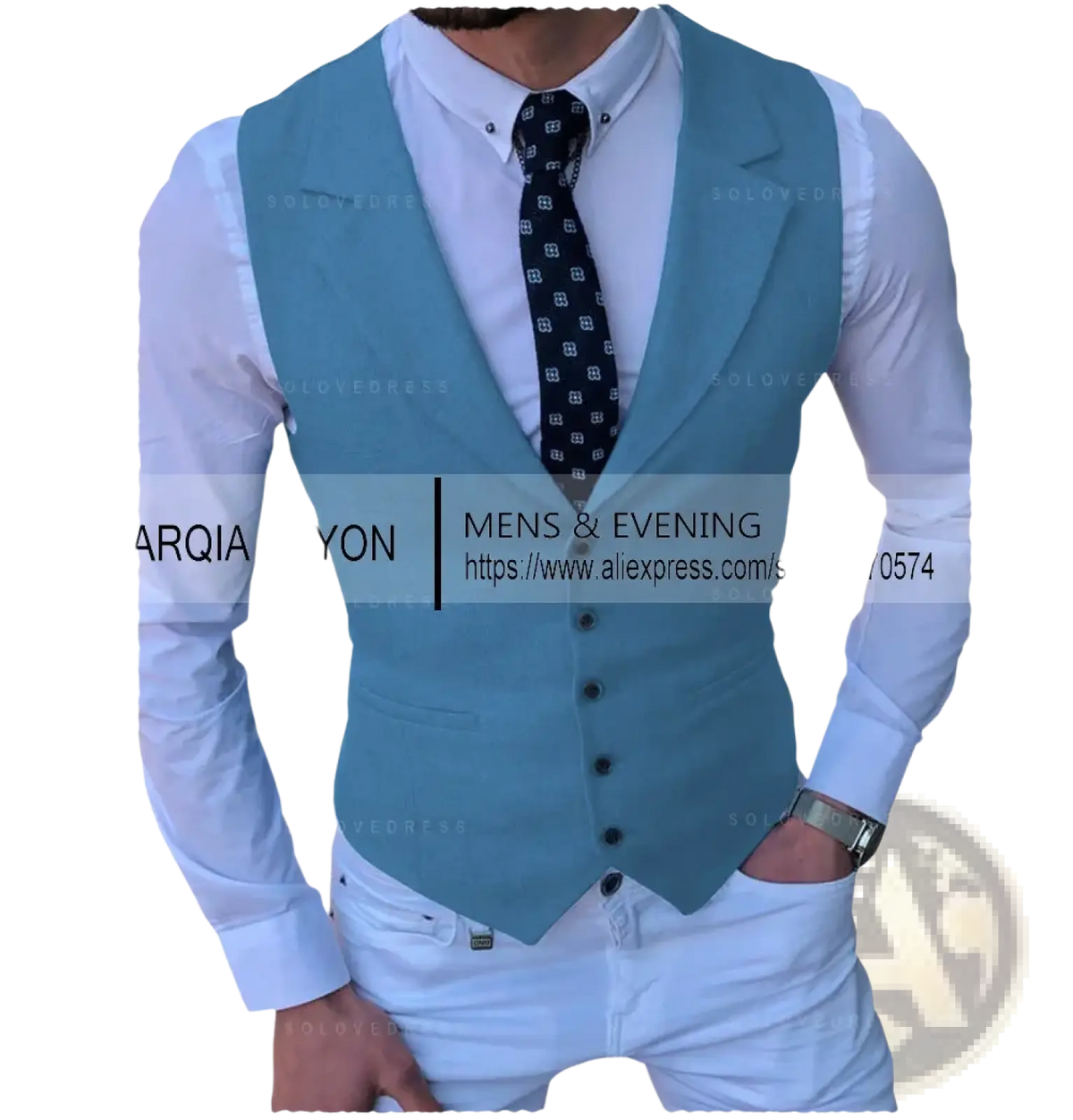 Men’s tailored business suit vest in light blue with a sleek fit and black buttons for a formal look