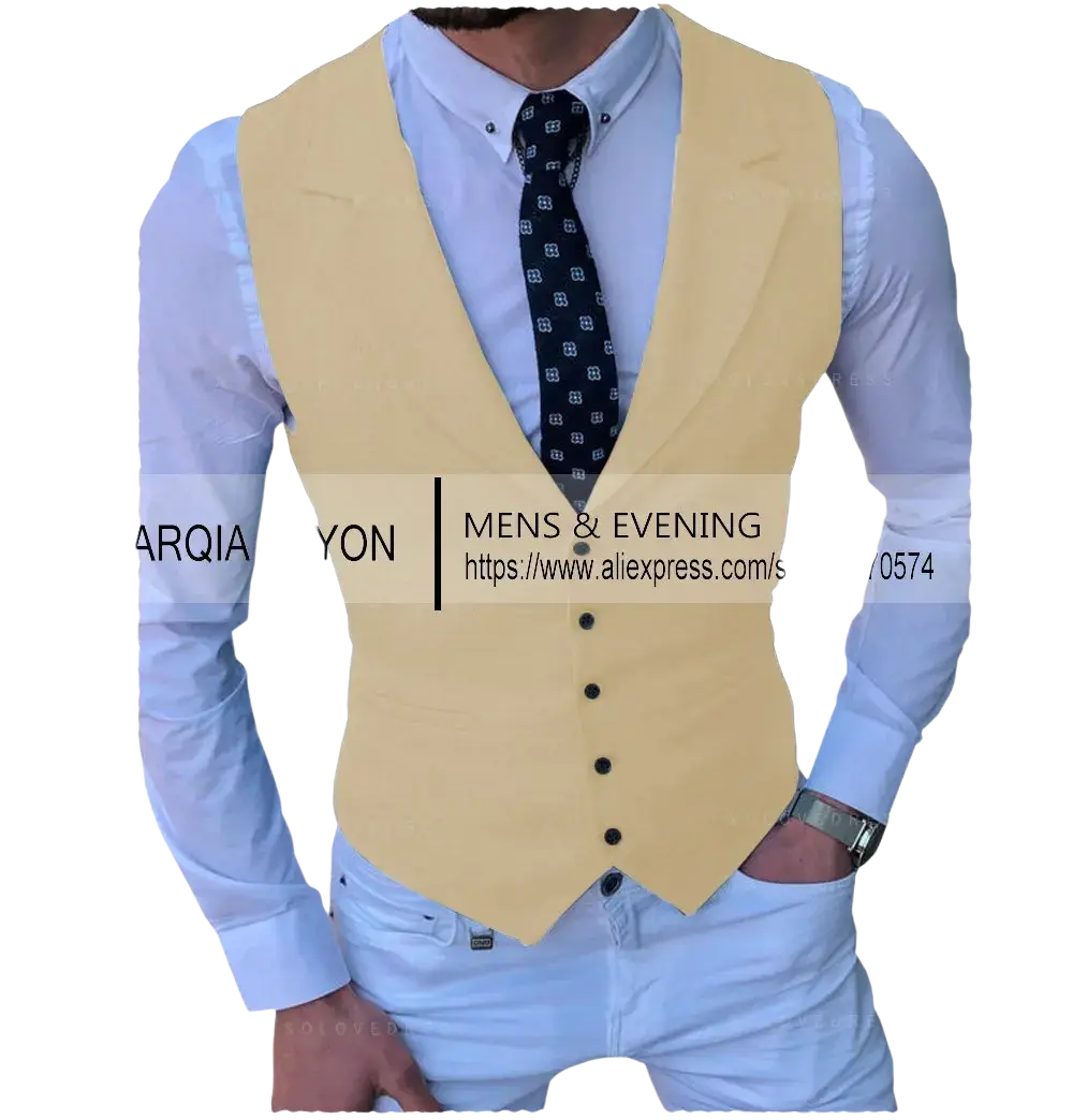 Men’s tailored business suit vest in tan with black buttons featuring a slim, formal fit
