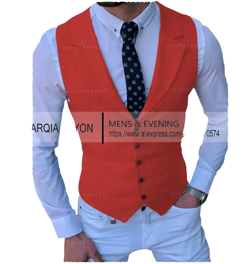 Men’s tailored business suit vest in vibrant orange with black buttons and sleek lapel design for formal wear