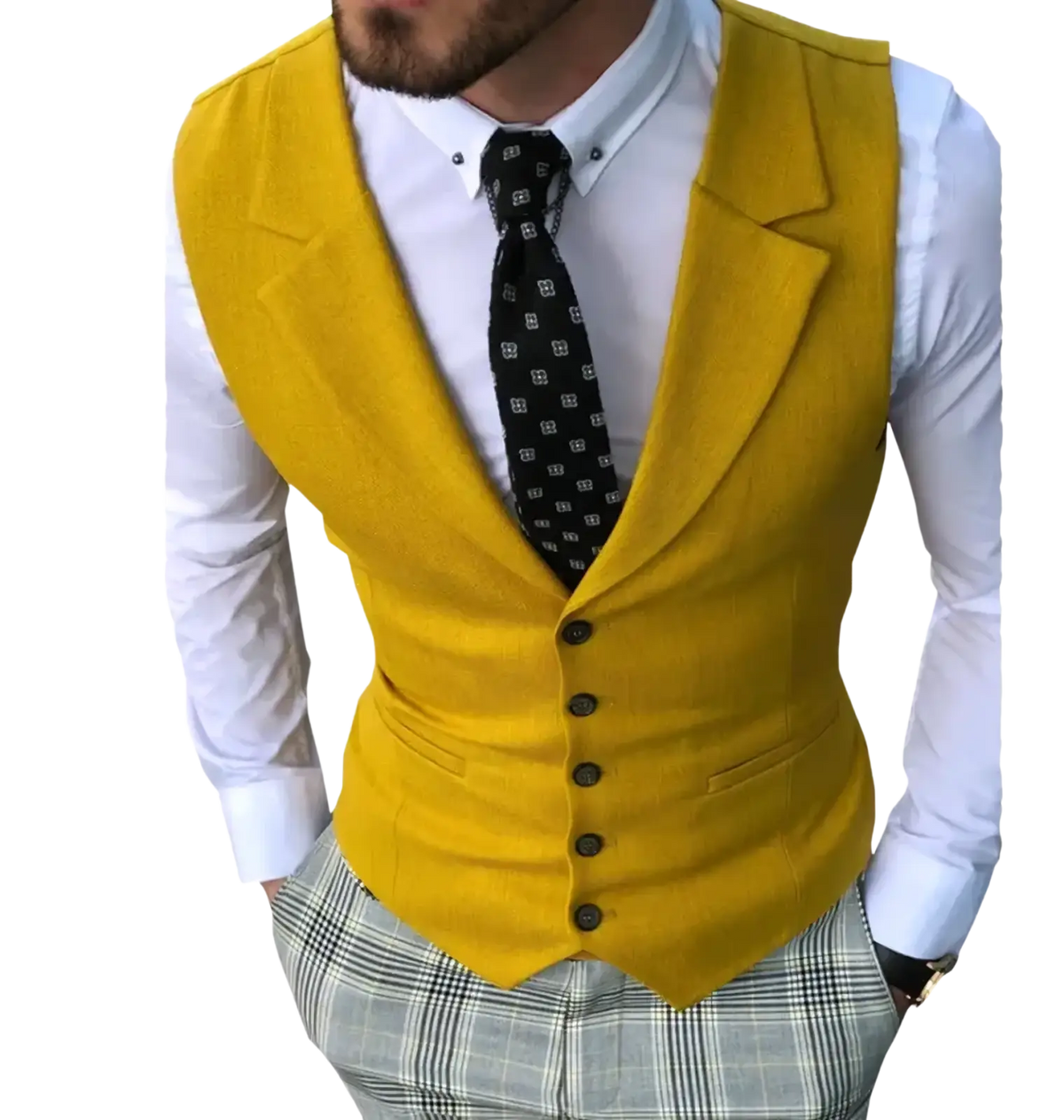 Men’s tailored business suit vest in vibrant yellow with structured fit five dark buttons and flap pockets