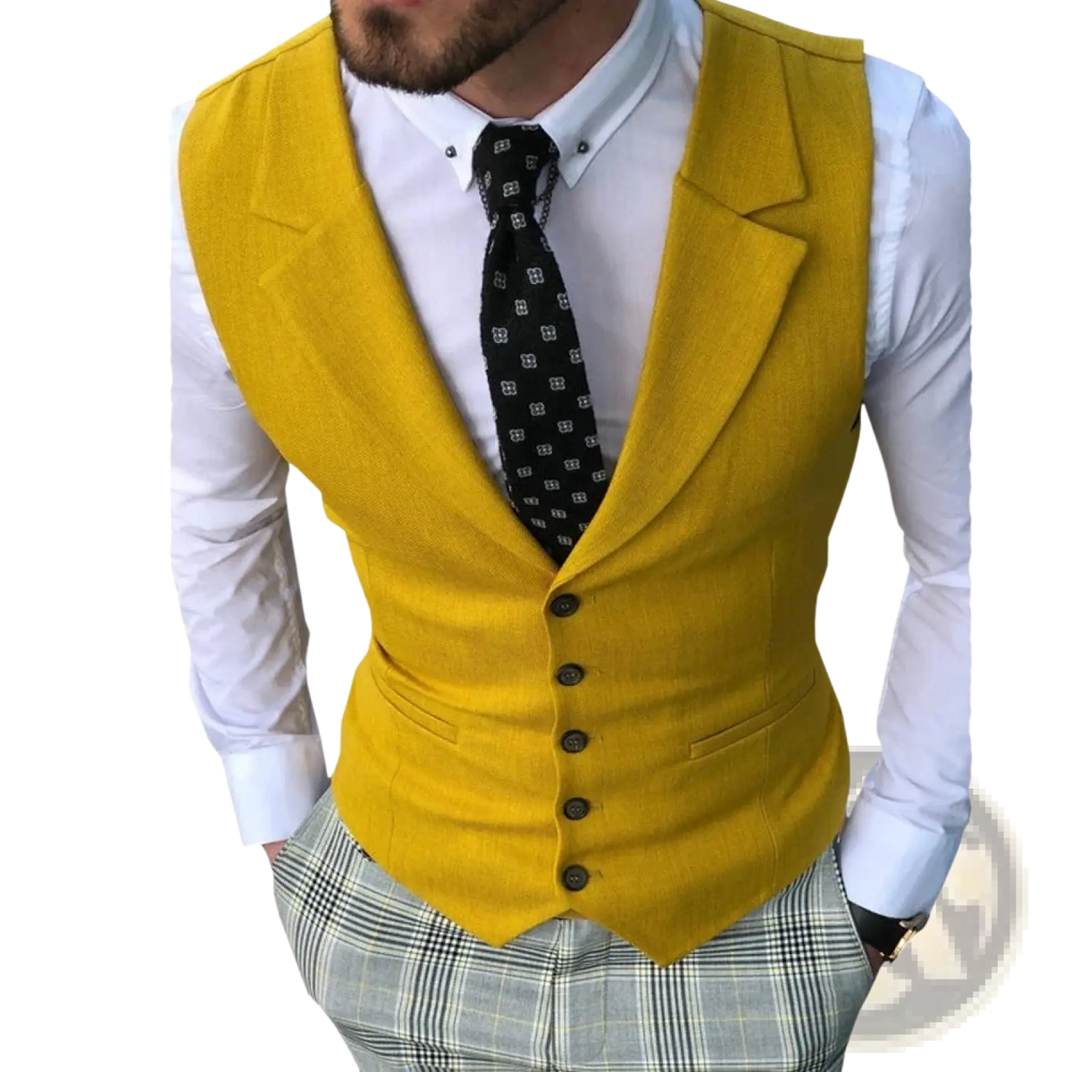 Men’s tailored business suit vest in vibrant yellow linen with black buttons and flap pockets for a fitted look