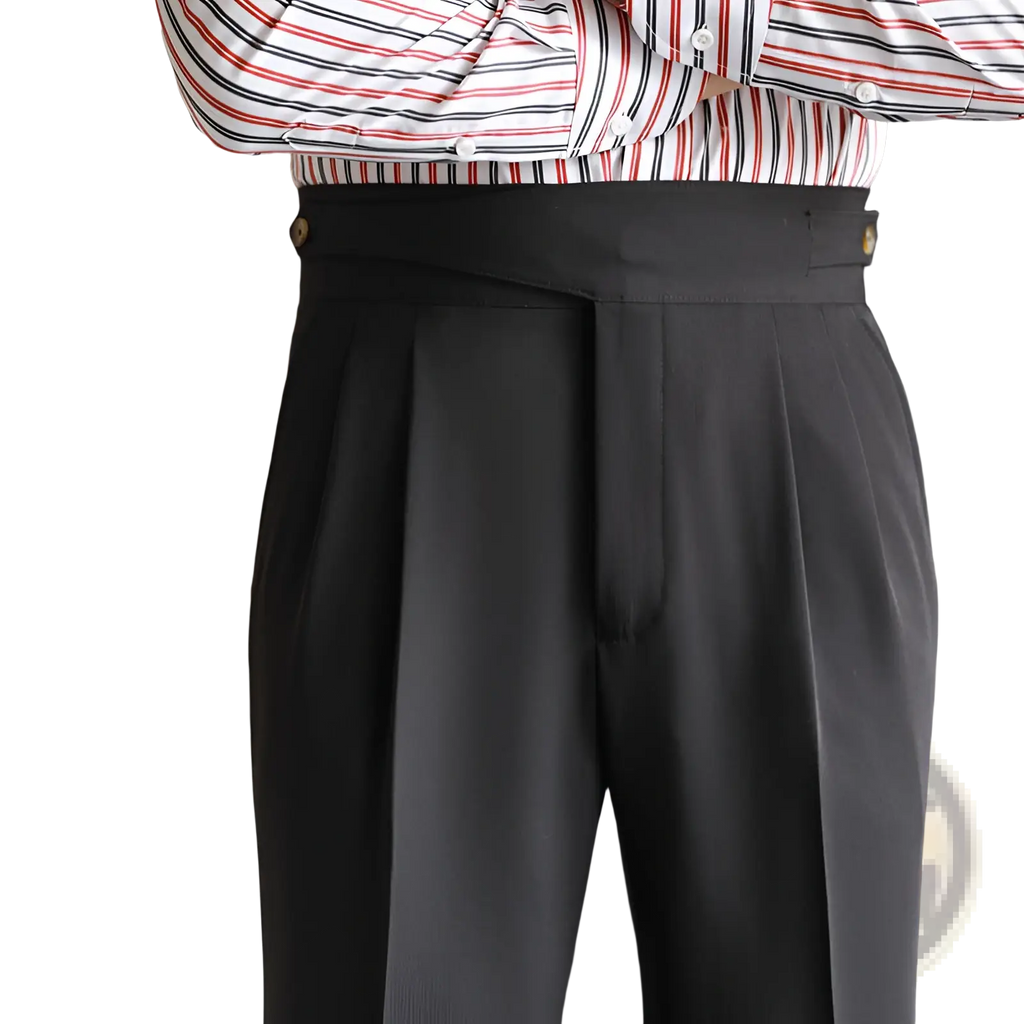 Men’s tailored pleated wool straight leg trousers in black with a tailored fit and gold-toned belt loops