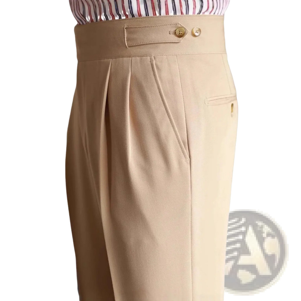 Beige tailored pleated wool straight leg trousers with buttoned waistband and side pockets for men