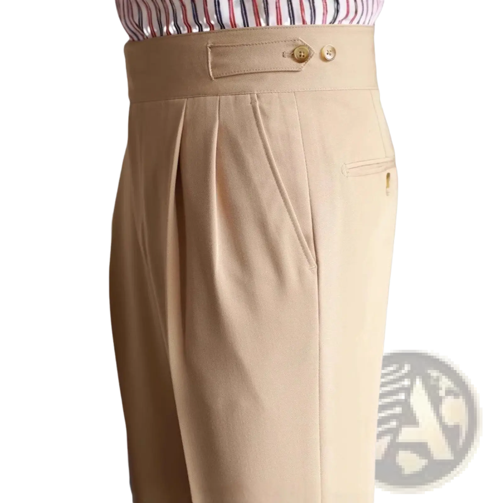 Beige tailored pleated wool straight leg trousers with buttoned waistband and side pockets for men