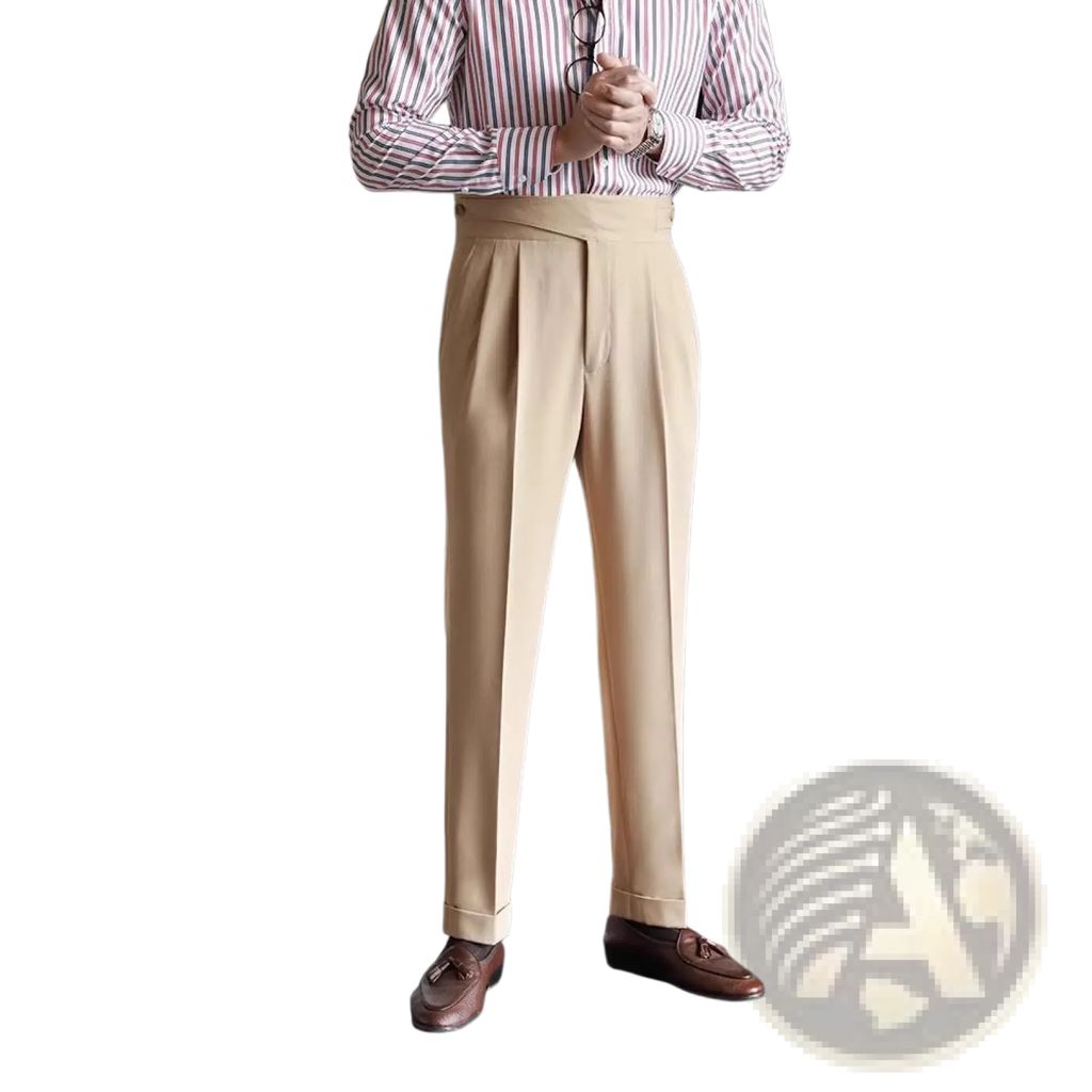 Beige tailored pleated wool trousers with a straight leg fit and rolled cuffs for men
