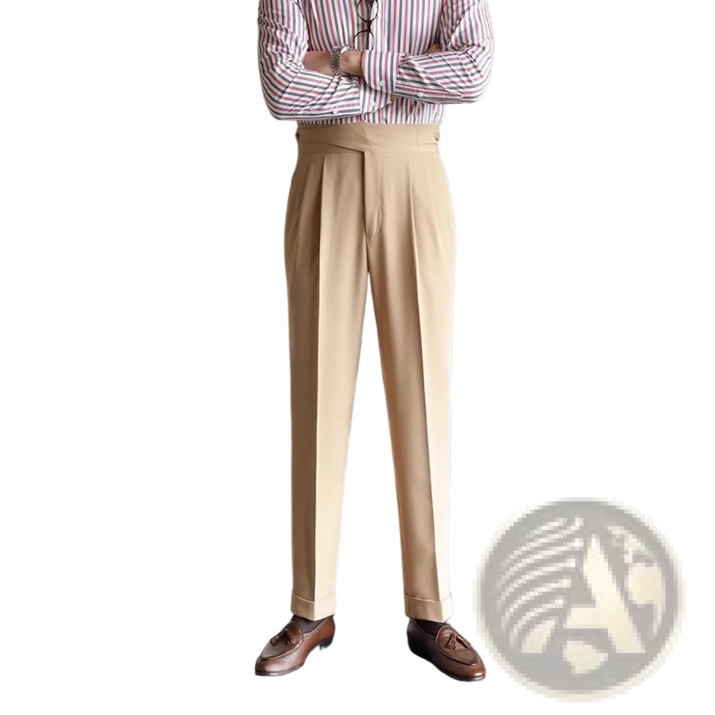 Beige tailored pleated wool trousers with a straight leg fit and rolled cuffs for men