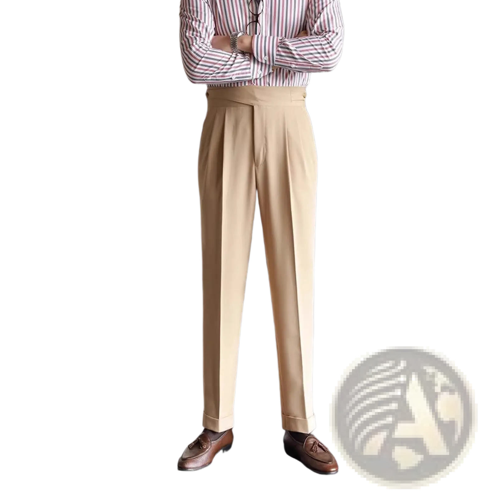 Beige tailored pleated wool trousers with a straight leg fit and rolled cuffs for men
