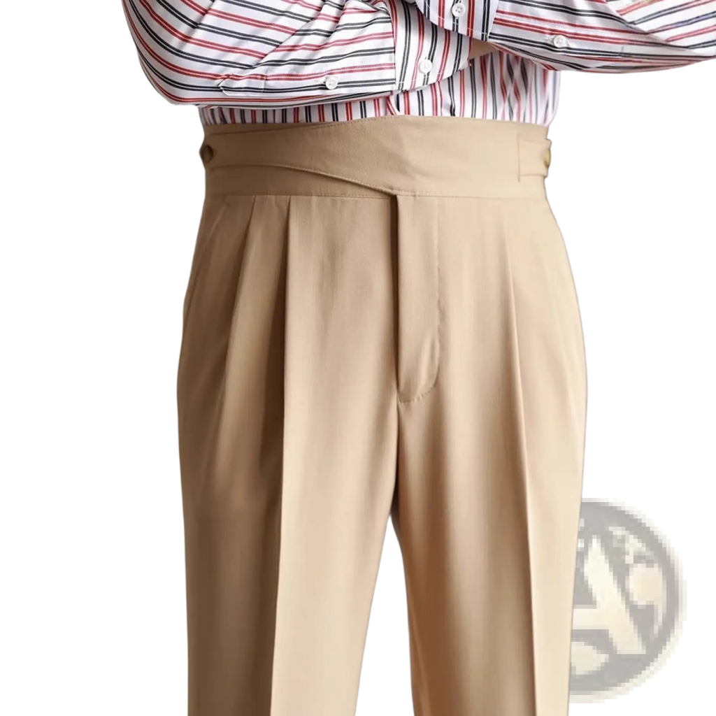 Beige high waist men’s tailored pleated wool trousers with button closure and straight leg design