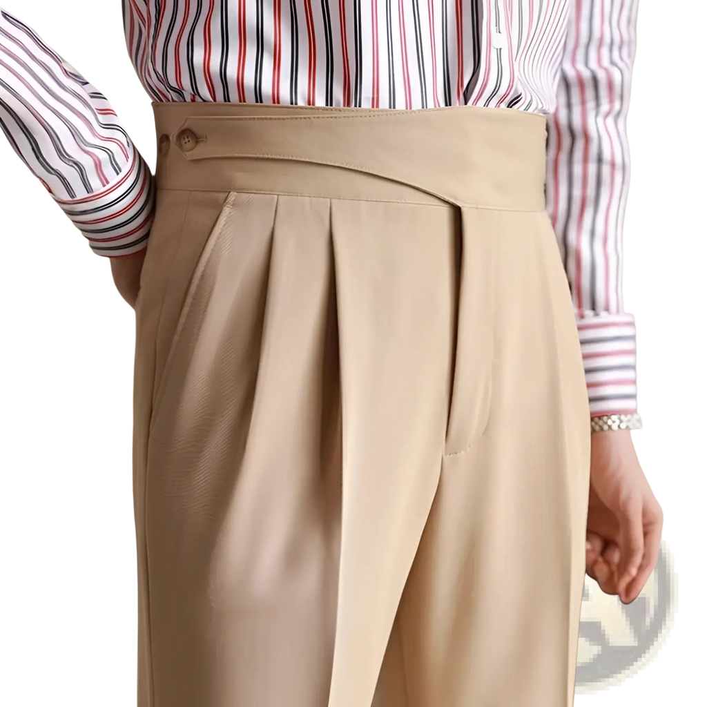 Beige high-waisted pleated men’s tailored wool trousers with button closure and wide-leg design