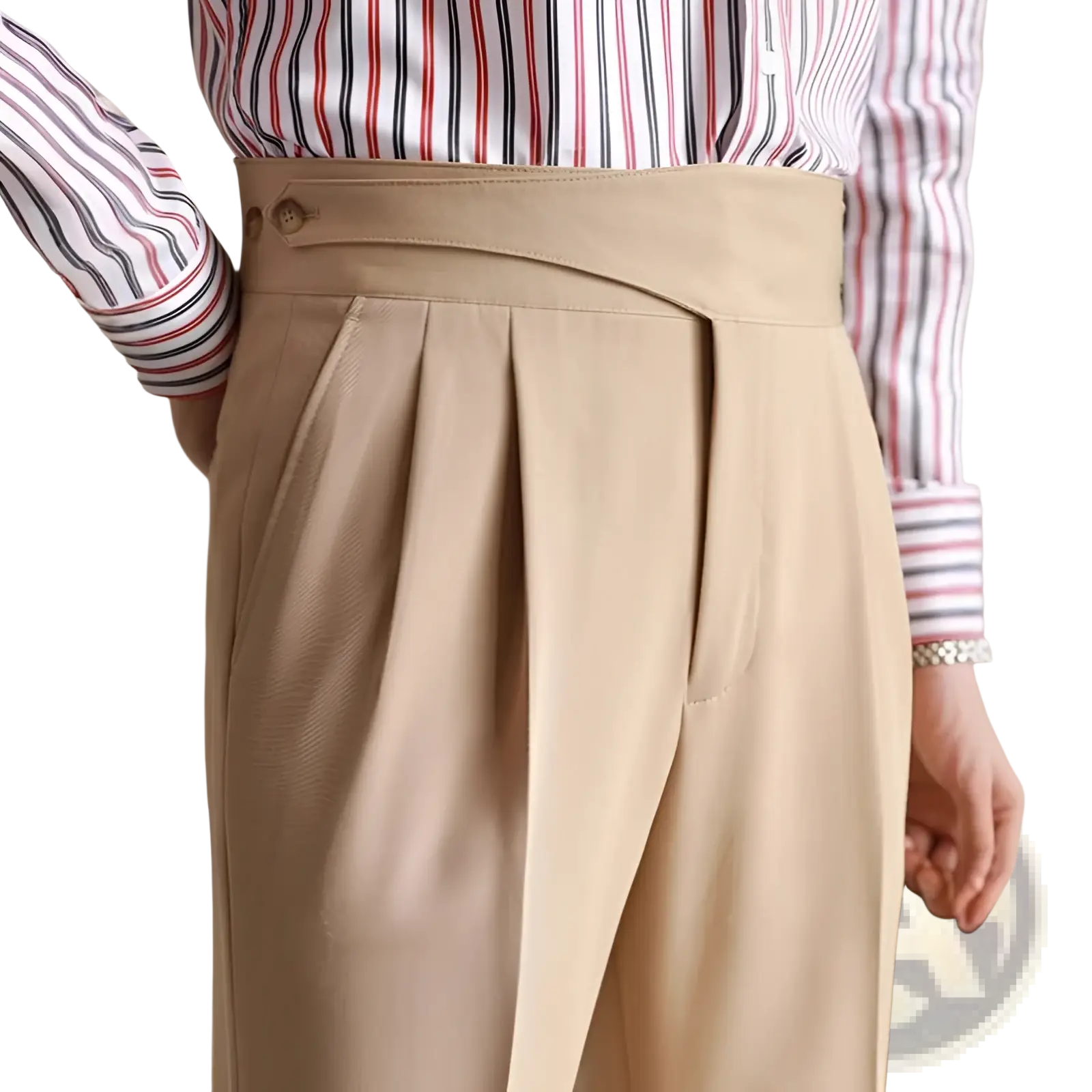 Beige high-waisted pleated men’s tailored wool trousers with button closure and wide-leg design