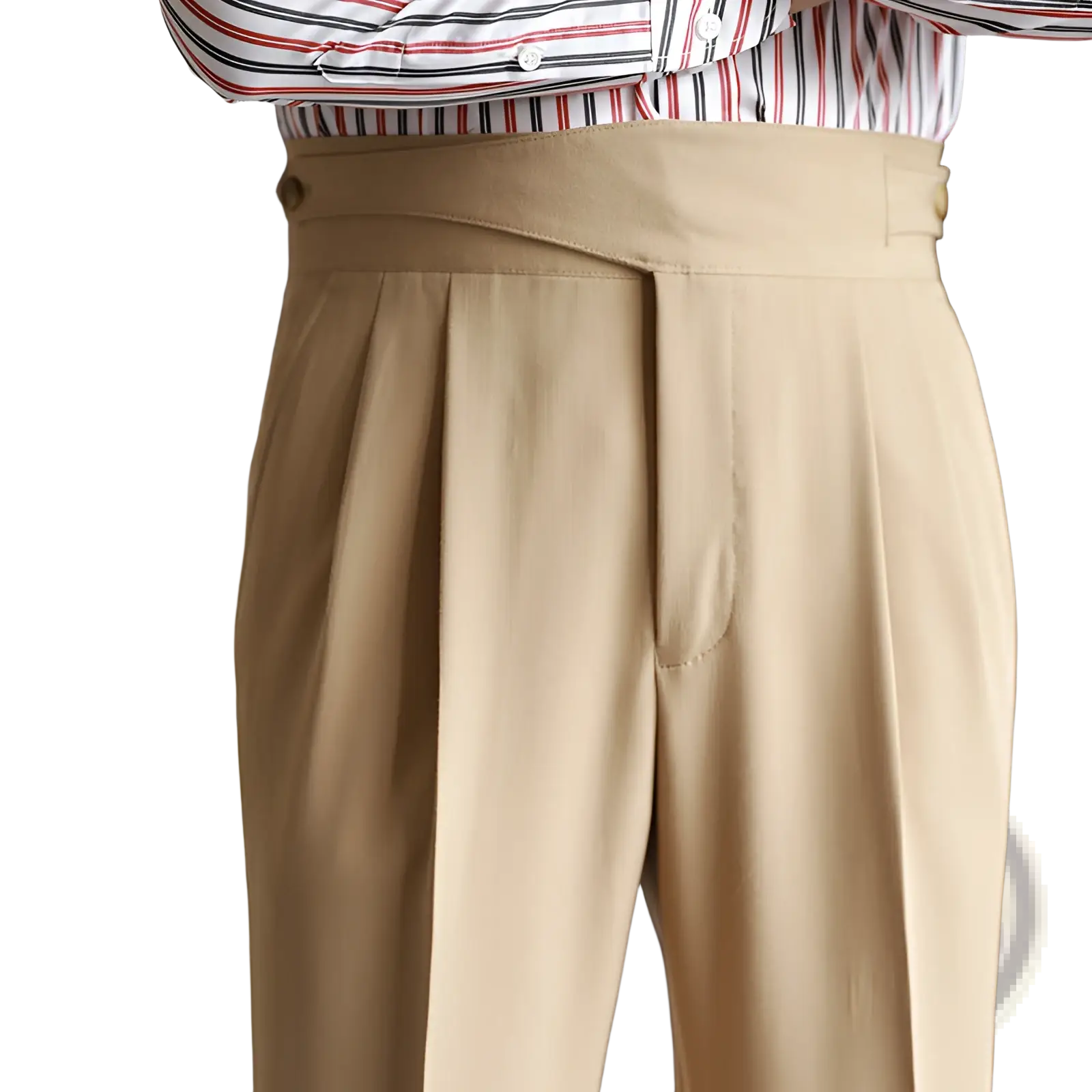Men’s tailored pleated wool straight leg trousers in beige with high waist and buttoned belt loops