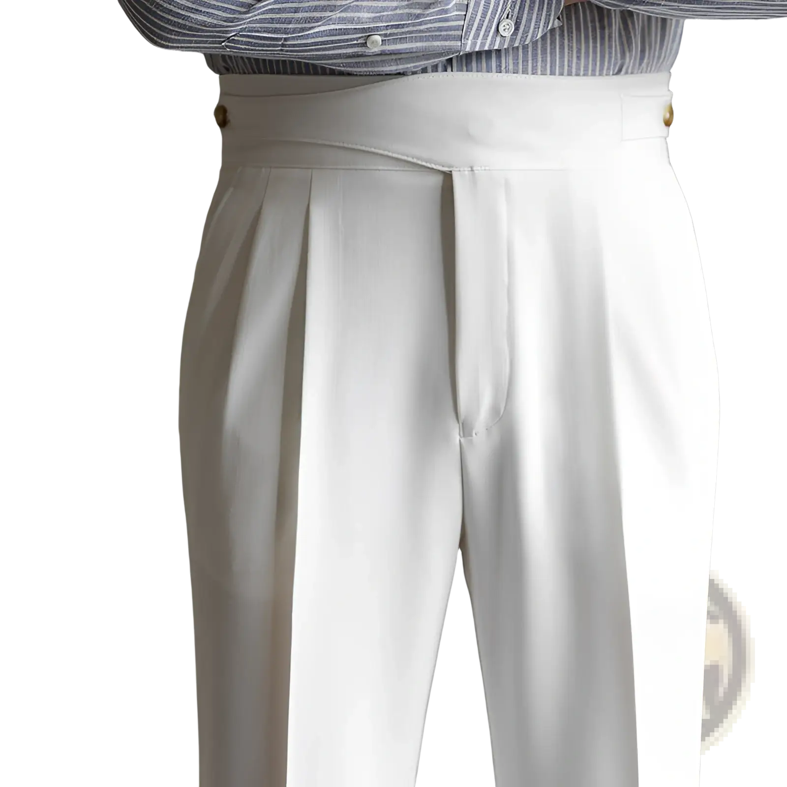 Men’s tailored white pleated wool trousers with gold-toned belt loops and a straight leg fit