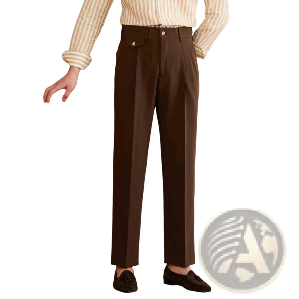 Men’s brown tailored straight leg pleated trousers with buttoned waistband and tailored fit for formal wear