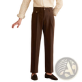 Men’s brown tailored straight leg pleated trousers with buttoned waistband and tailored fit for formal wear