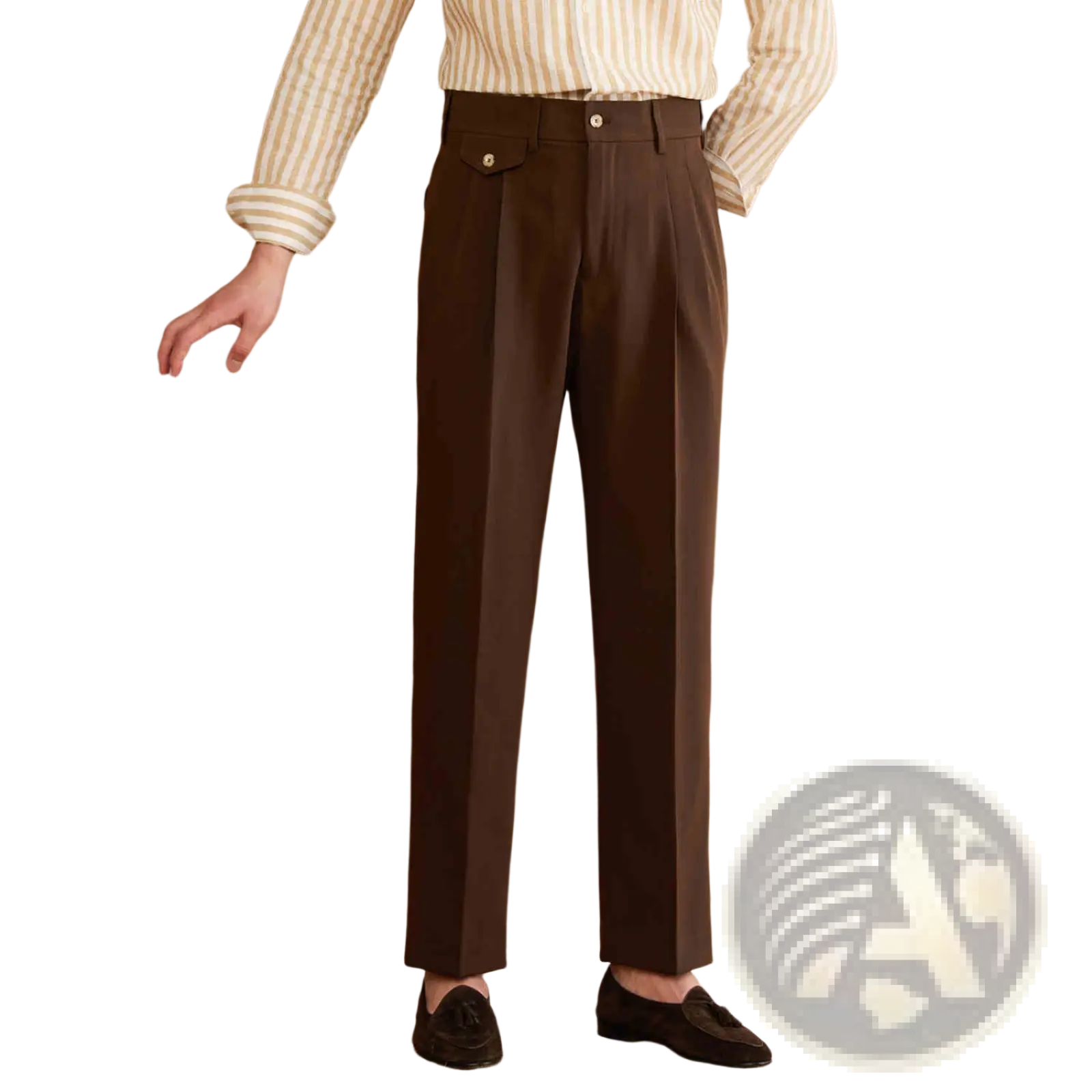 Men’s brown tailored straight leg pleated trousers with buttoned waistband and tailored fit for formal wear