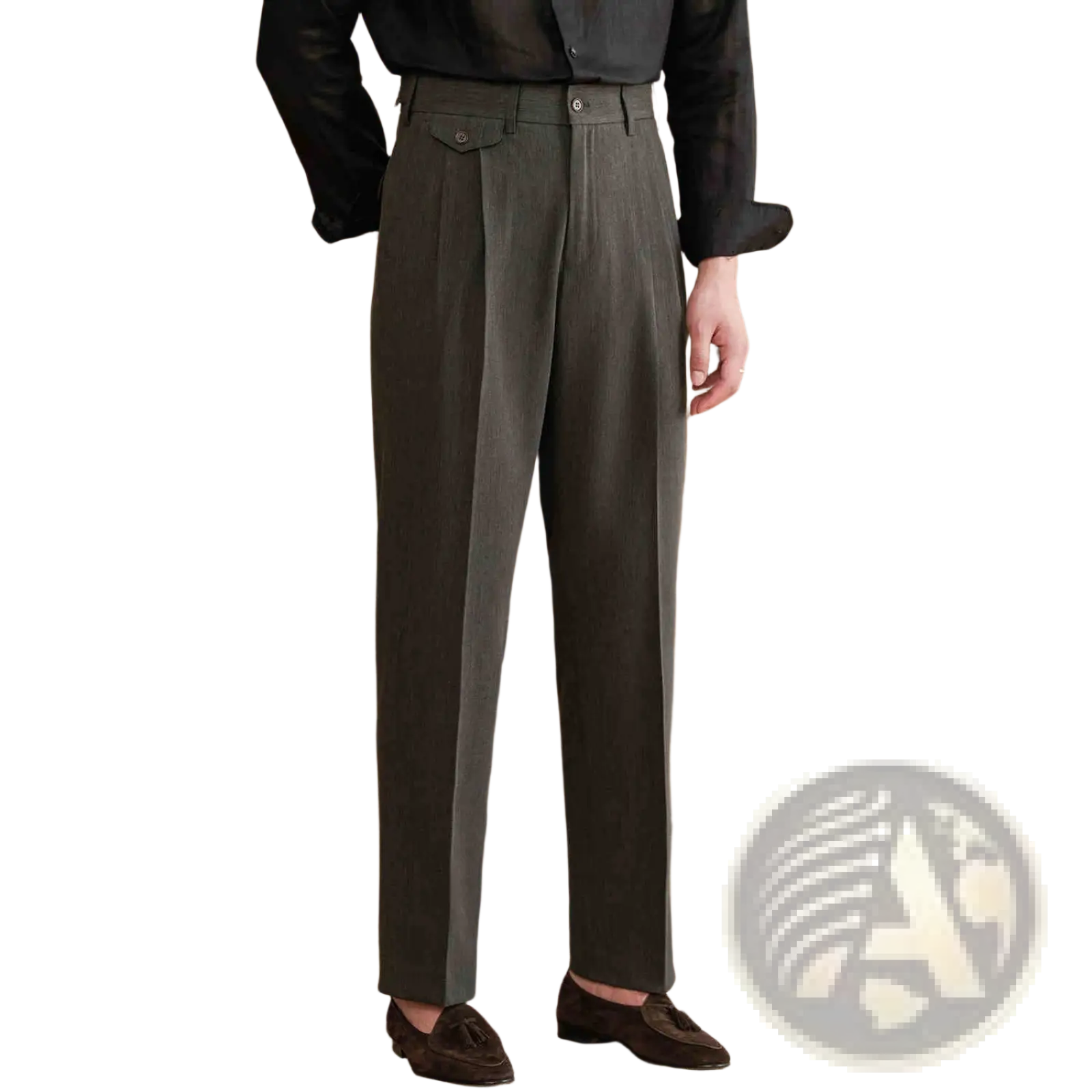 Dark gray tailored straight leg pleated trousers with subtle texture for men in a formal or business setting