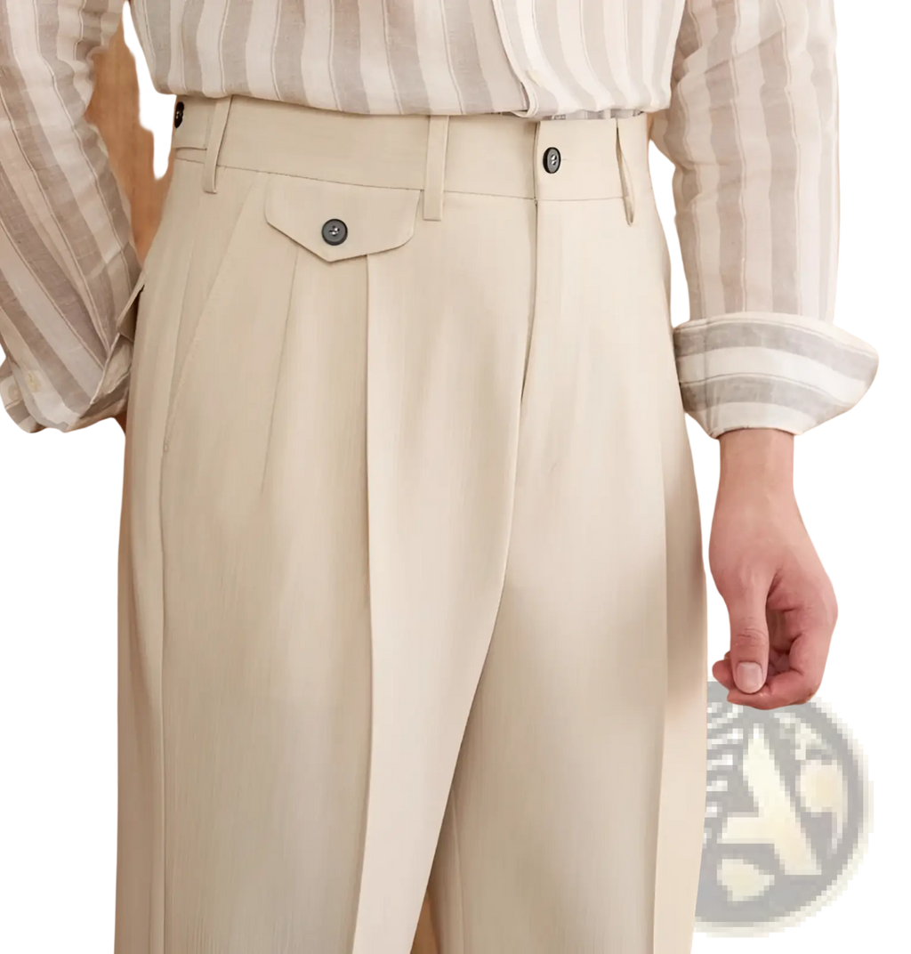Men’s tailored straight leg beige pleated trousers with buttoned front pocket and matching dark buttons