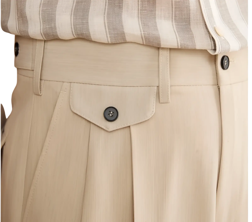 Men’s tailored straight leg pleated beige trousers with buttoned flap pocket and dark buttons in cotton blend fabric