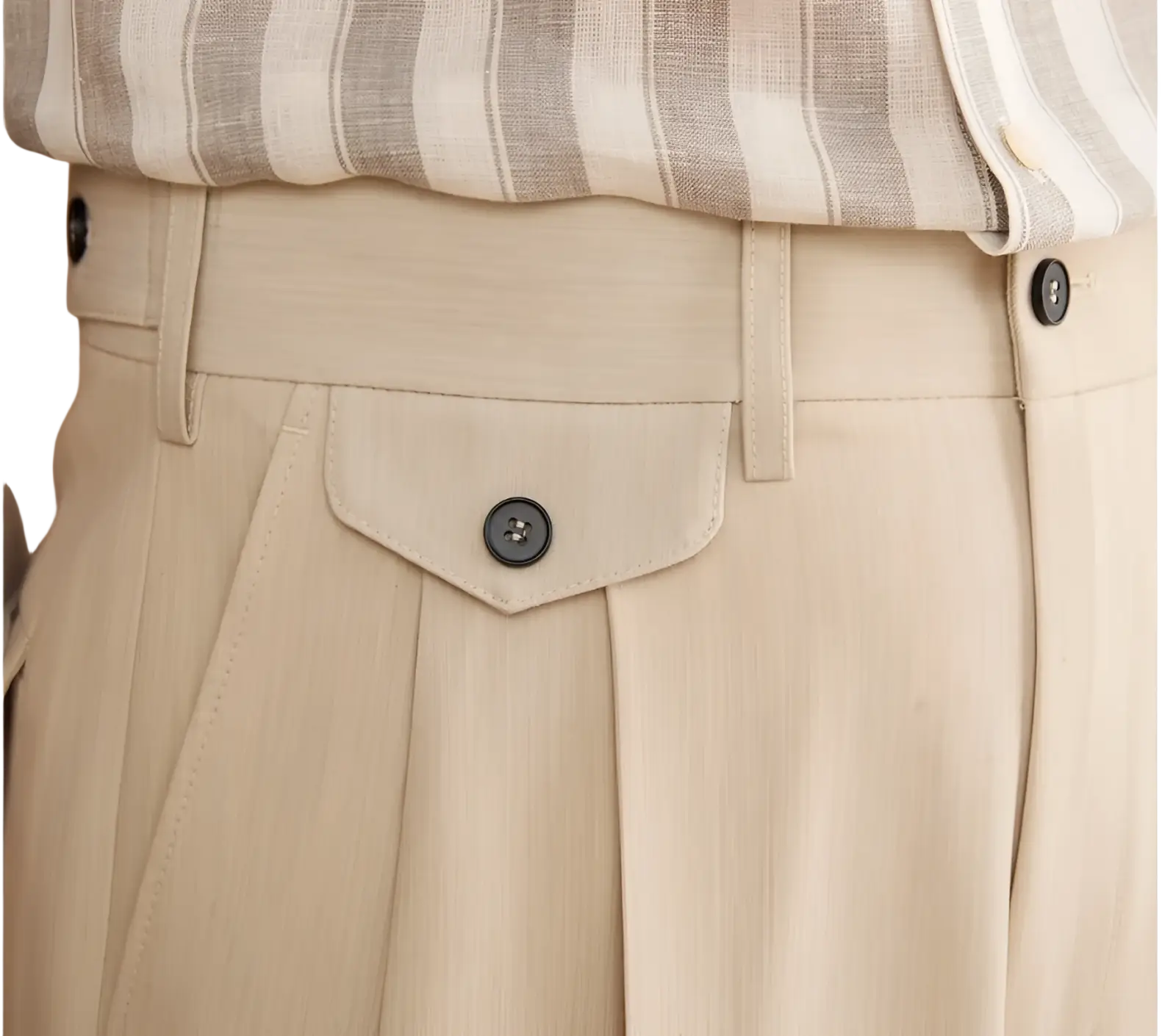 Men’s tailored straight leg pleated beige trousers with buttoned flap pocket and dark buttons in cotton blend fabric