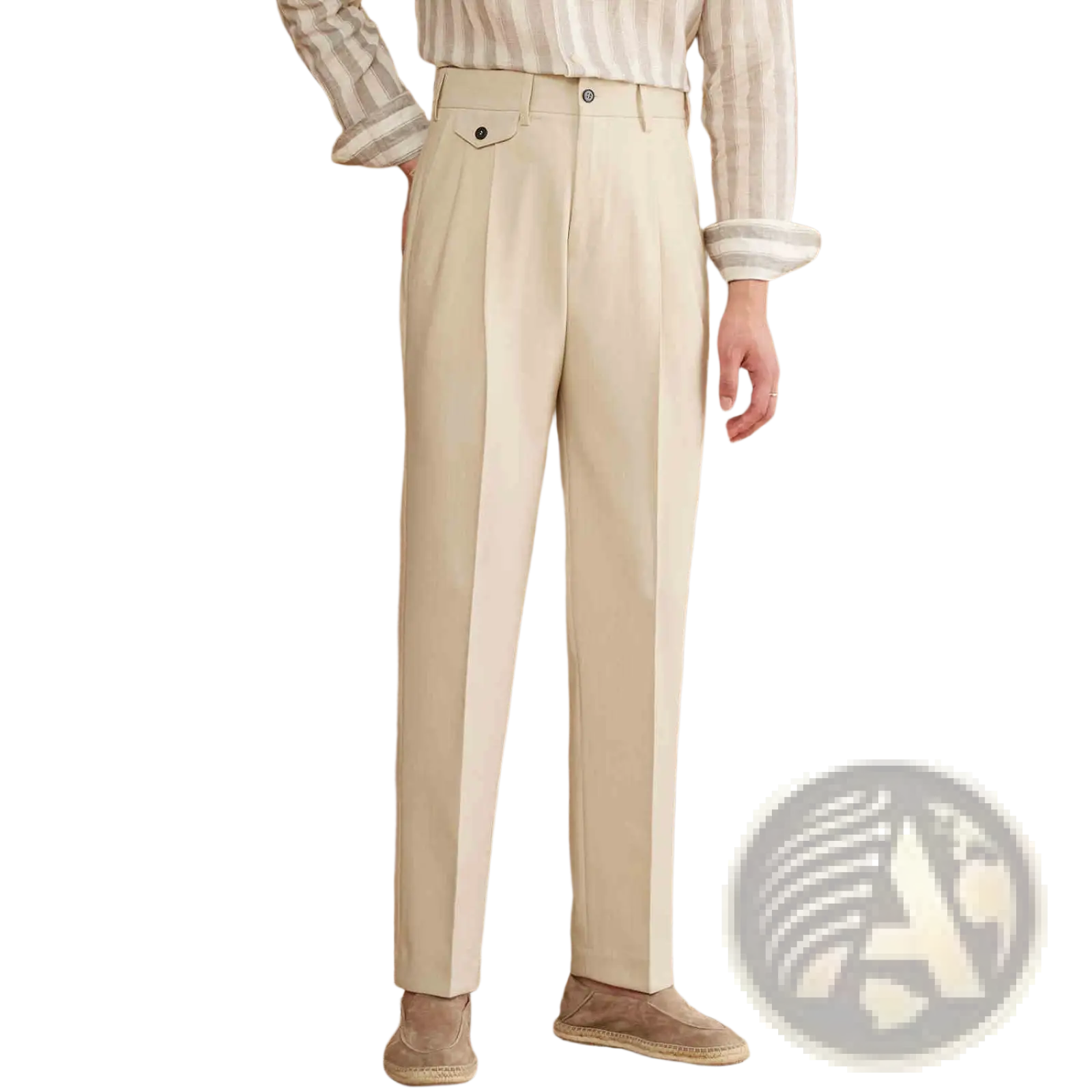 Men’s cream-colored tailored straight leg pleated trousers with a sleek cut and subtle front pockets