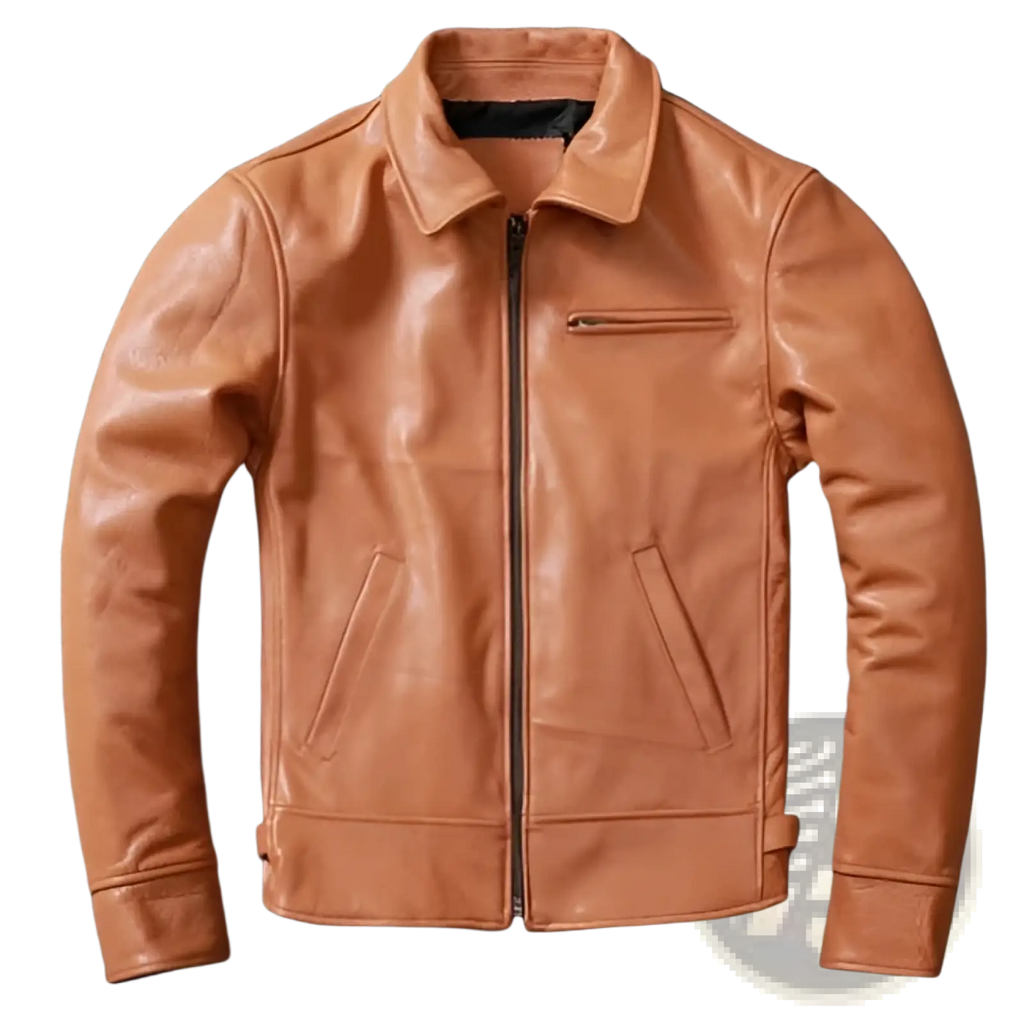 Men’s tan cowhide leather motorcycle jacket with classic collar front zipper and two slanted pockets