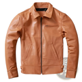 Men’s tan cowhide leather motorcycle jacket with classic collar front zipper and two slanted pockets