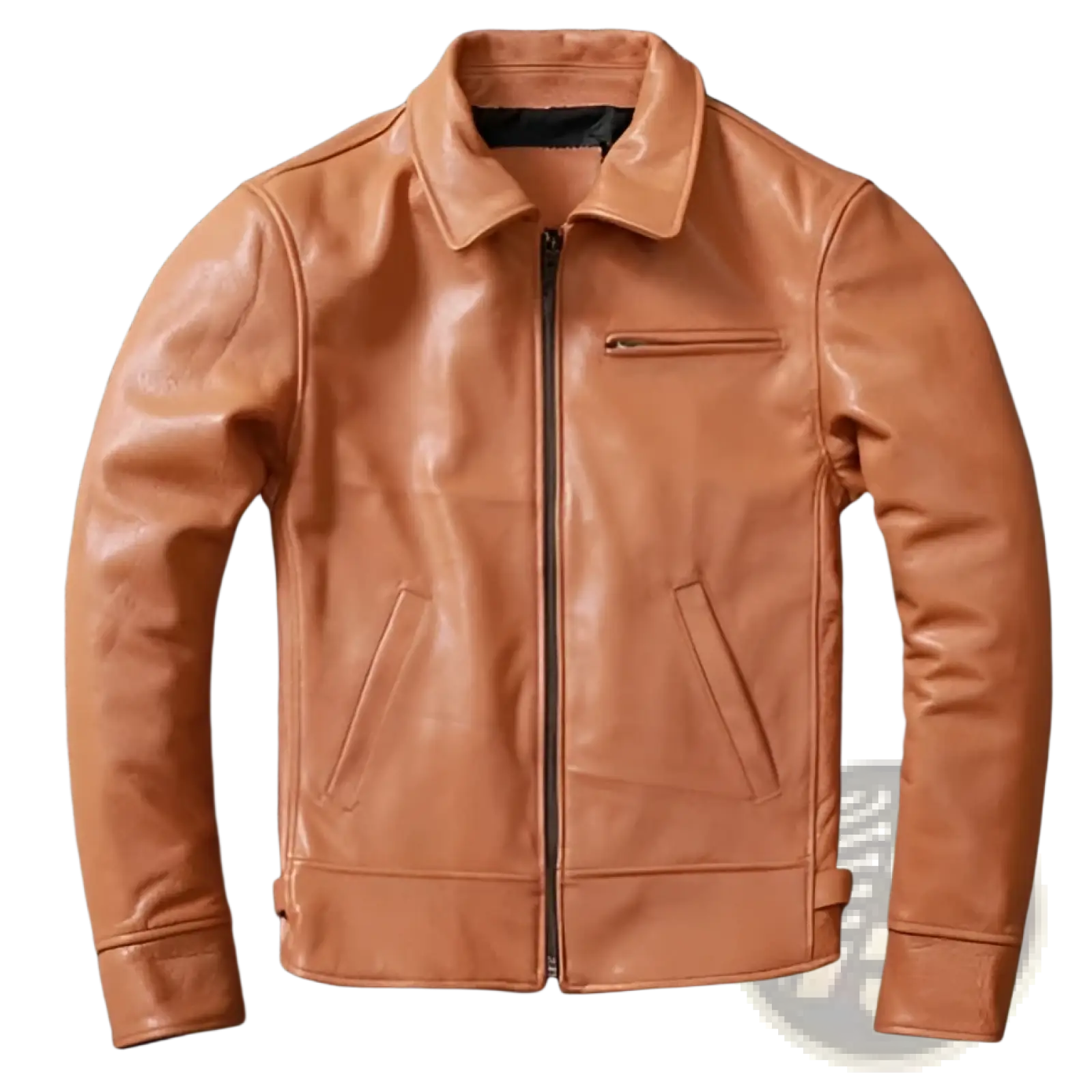 Men’s tan cowhide leather motorcycle jacket with classic collar front zipper and two slanted pockets