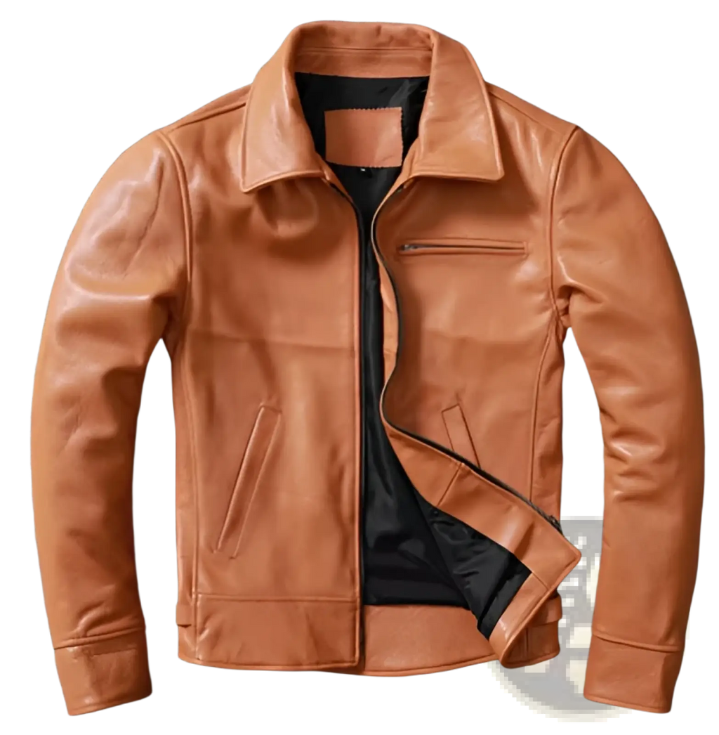 Men’s tan cowhide leather motorcycle jacket with black inner lining and zipper detailing for durable style